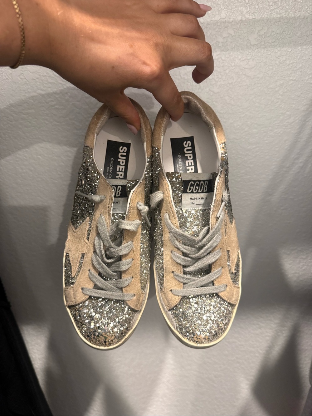 Golden Goose Glitter Low-Top Sneakers in Beige and Silver